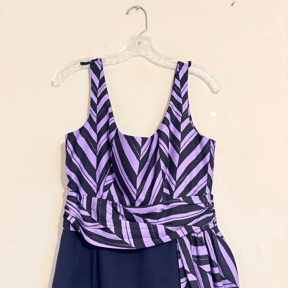 Milly Marcela Silk Purple Black Striped Sleeveless Sheath Dress Side Drape Sz 4 - Picture 6 of 15